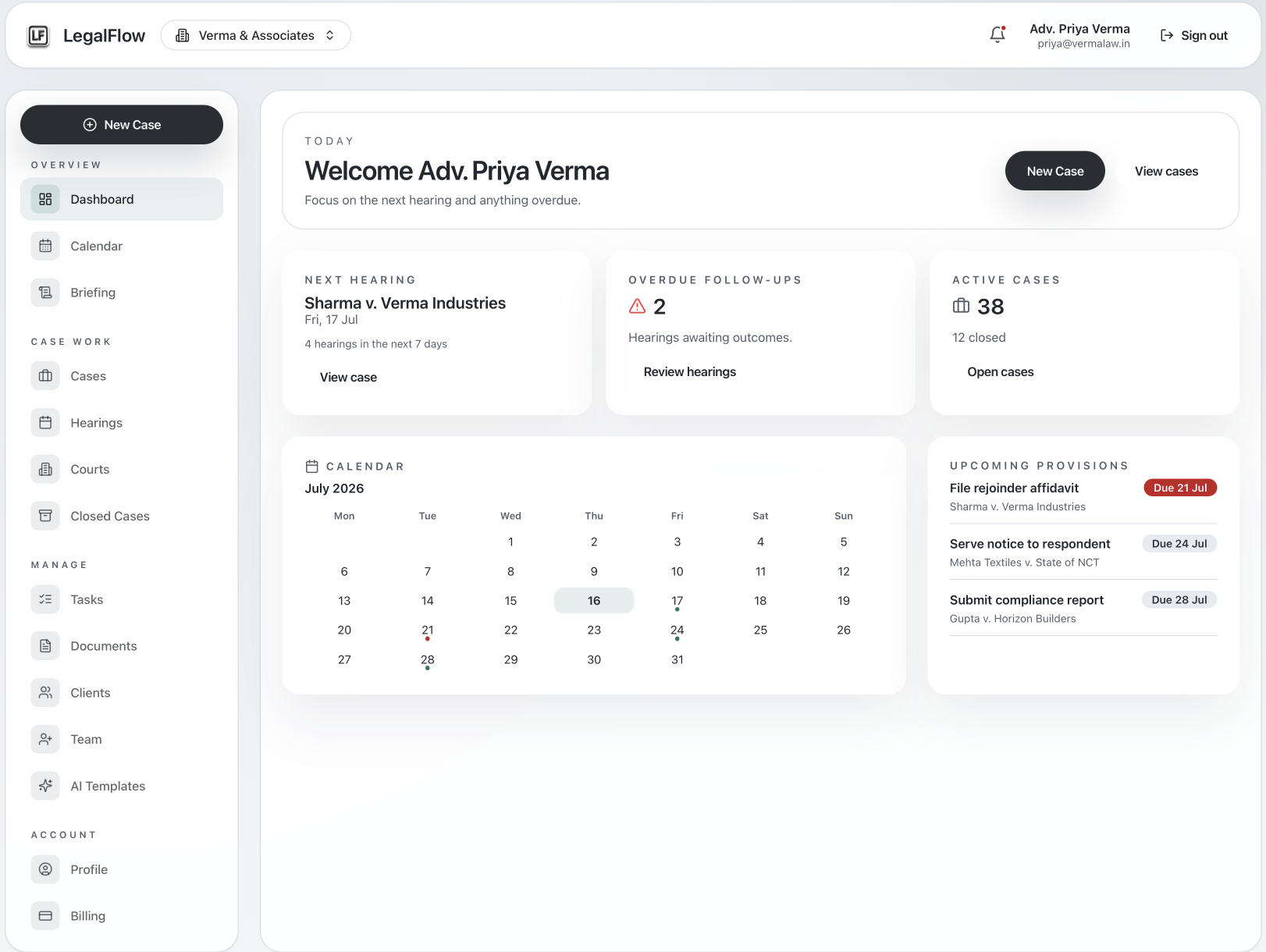 LegalFlow dashboard for a demo law firm — next hearing, overdue follow-ups, active cases, calendar and upcoming provisions